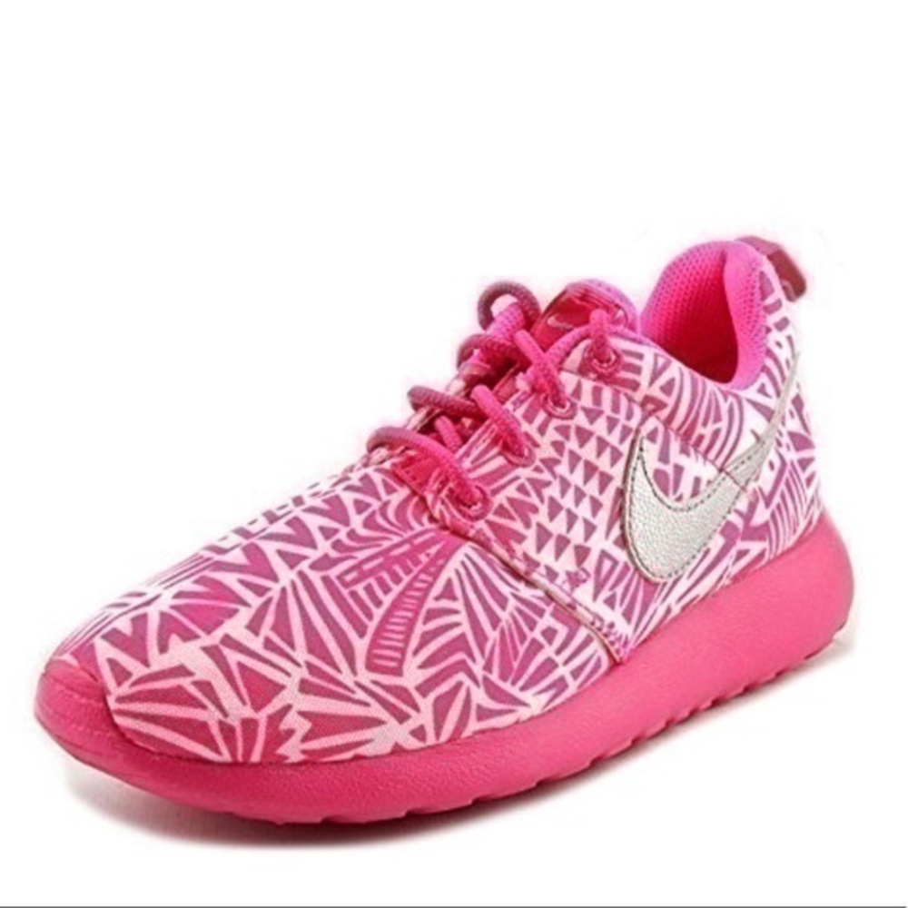 Nike Youth ROSHERUN PRINT ShoesWhite / Metallic Silver/Vivid Pink